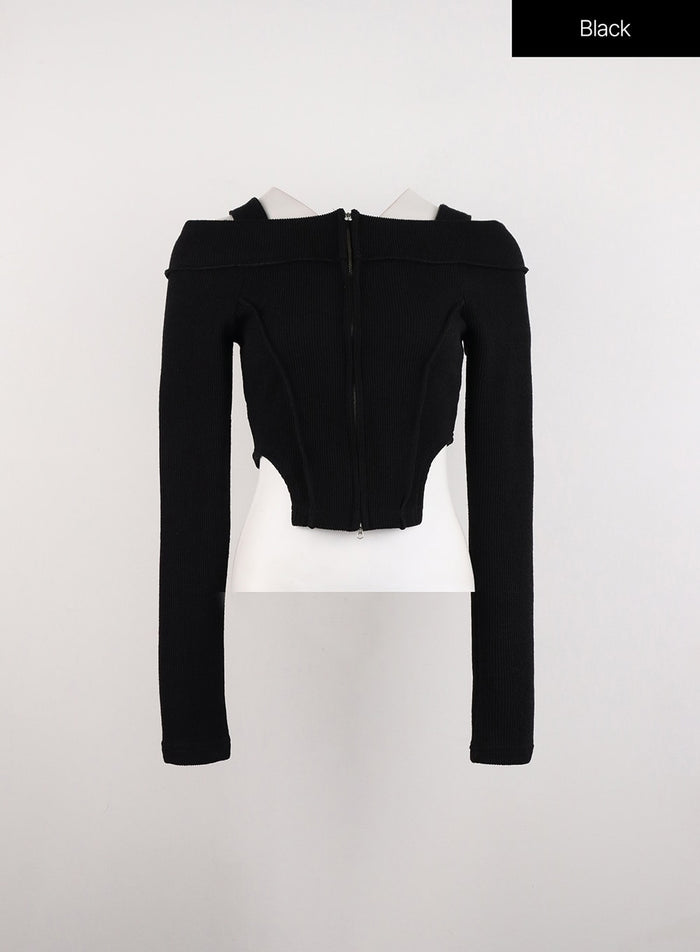 zip-cut-out-off-shoulder-crop-sweater-id306 / Black