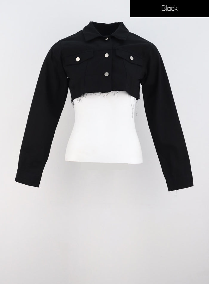 cut-out-hem-crop-jacket-is322 / Black
