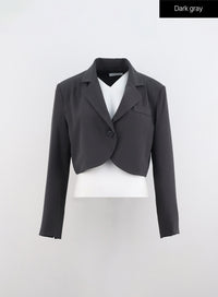 solid-single-button-crop-jacket-io320 / Dark gray