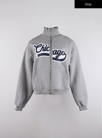 oversized-chicago-graphic-zipper-fleece-jacket-id315 / Gray