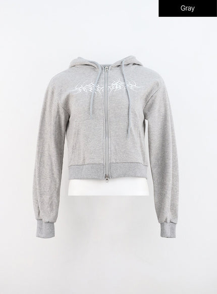 zip-up-graphic-crop-hoodie-in314 / Gray