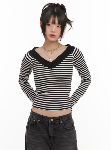 Striped V-Neck Cropped Sweater CJ506