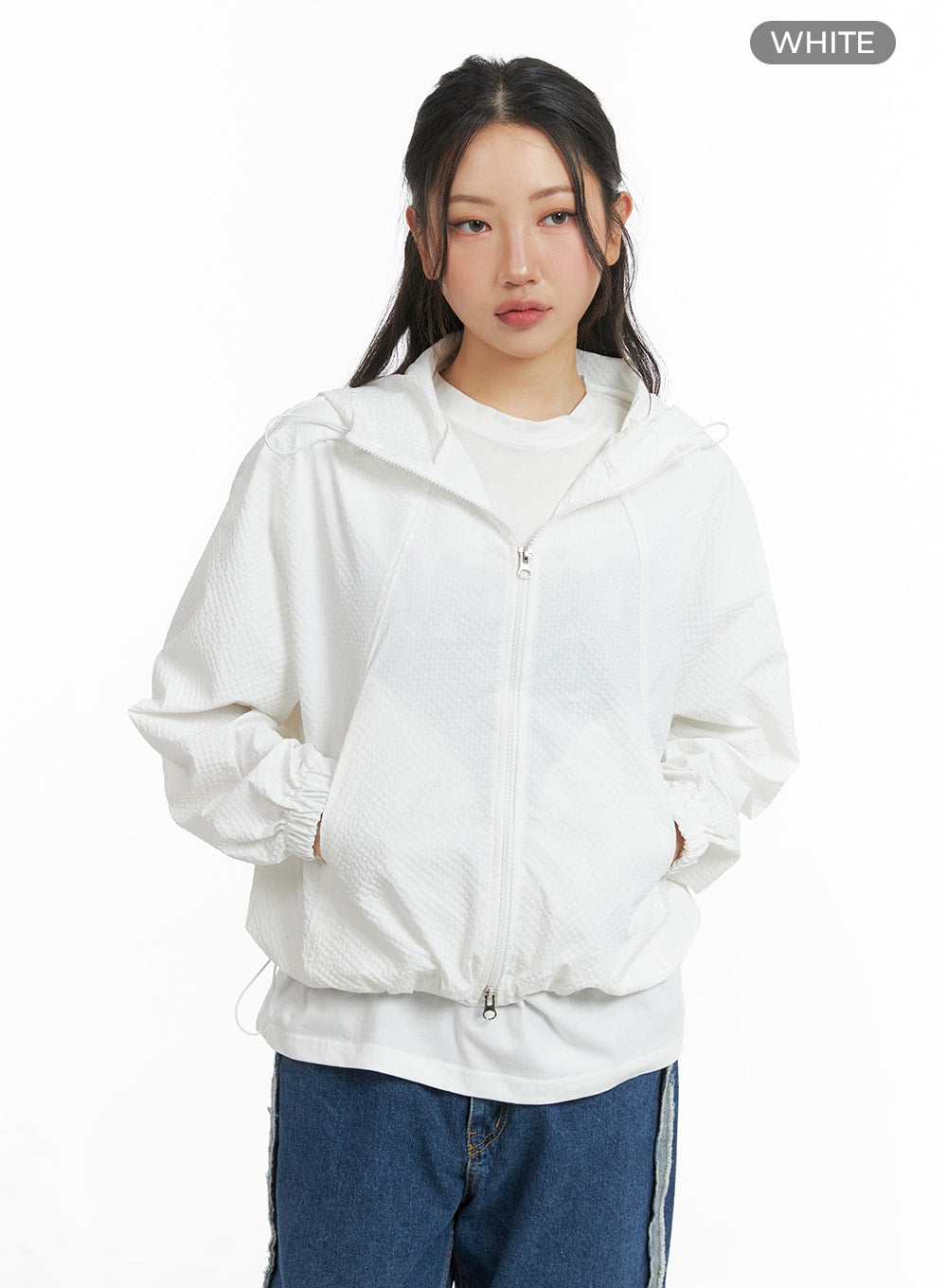 Hooded Solid Zipper Windbreaker CM425 - Korean Women's Fashion 