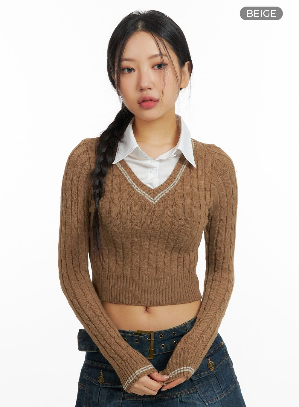 cable-knit-collar-crop-sweater-cf426 / Beige
