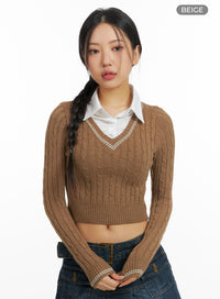 cable-knit-collar-crop-sweater-cf426 / Beige