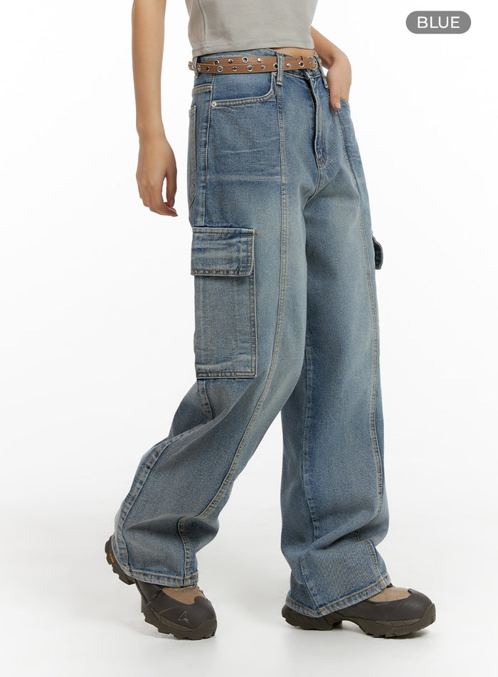 wide-leg-cargo-denim-jeans-cf427 / Blue