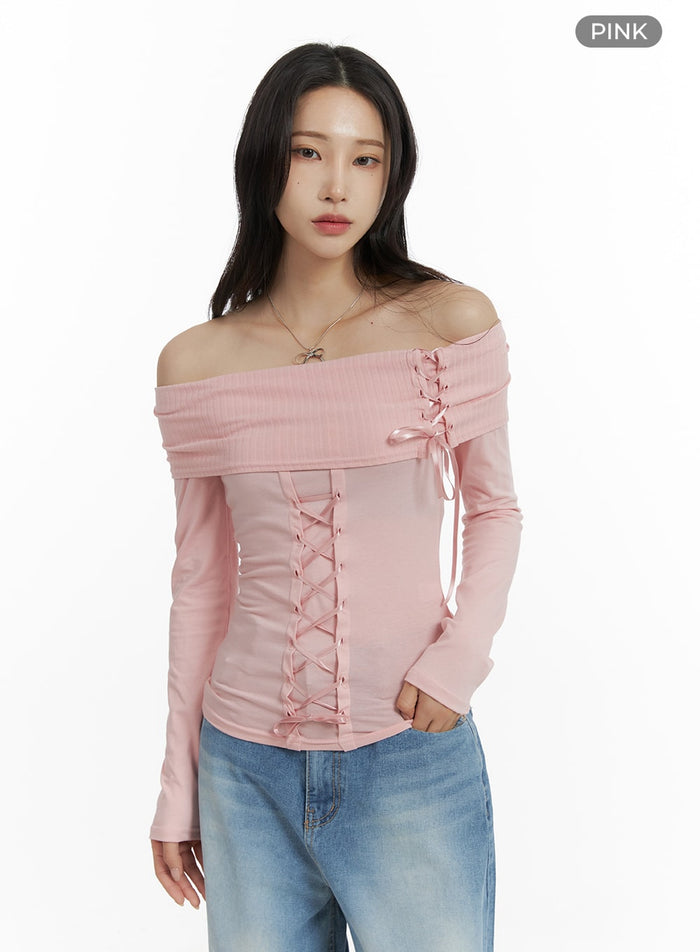 off-shoulder-lace-up-long-sleeve-cm406 / Pink