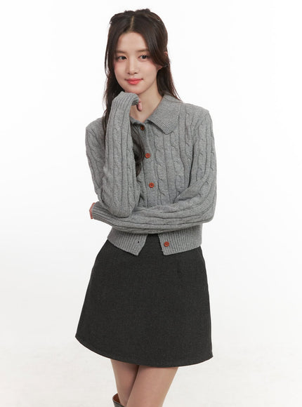 Cable-Knit Collared Buttoned Cardigan CJ514