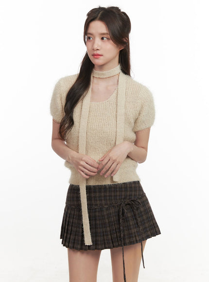 Cozy Knit Short-Sleeve Sweater with Scarf CJ514