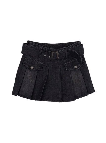 buckle-pocket-washed-mini-skirt-cn401 / Black