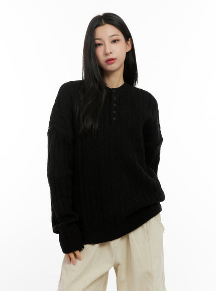 henley-neck-long-sleeve-sweater-cn416 / Black