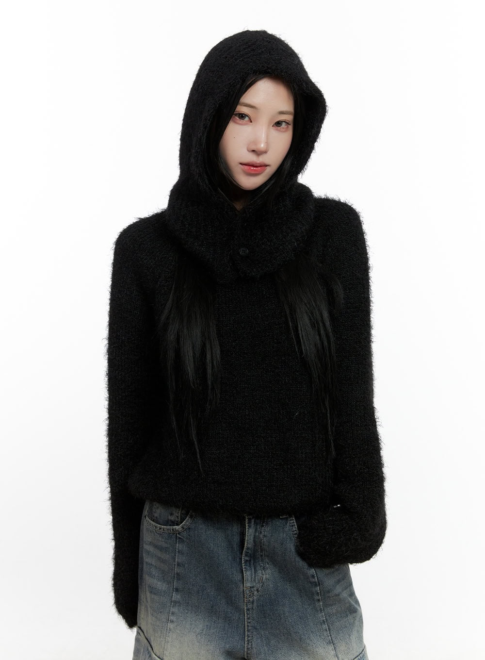 fuzzy-knit-sweater-and-balaclava-set-cn407 / Black