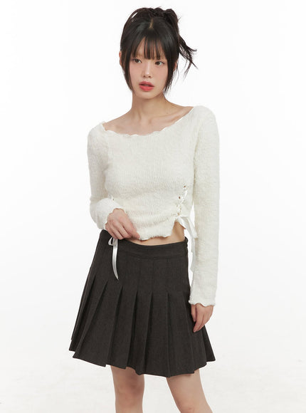 Ribbon Boat-Neck Long-Sleeve Crop Top CJ501