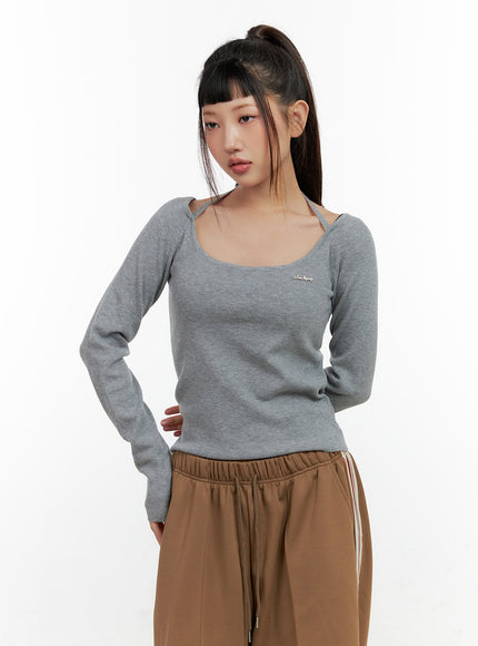 solid-knit-long-sleeve-halter-top-cn406 / Gray