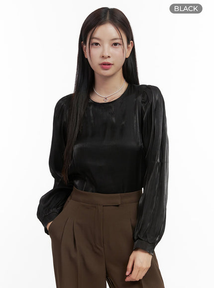 satin-puff-sleeve-blouse-oo416 / Black