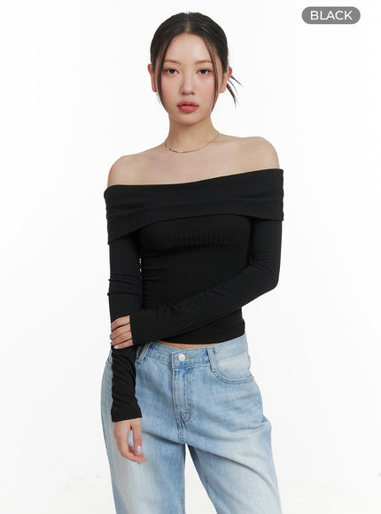 off-shoulder-long-sleeve-crop-top-ca416 / Black