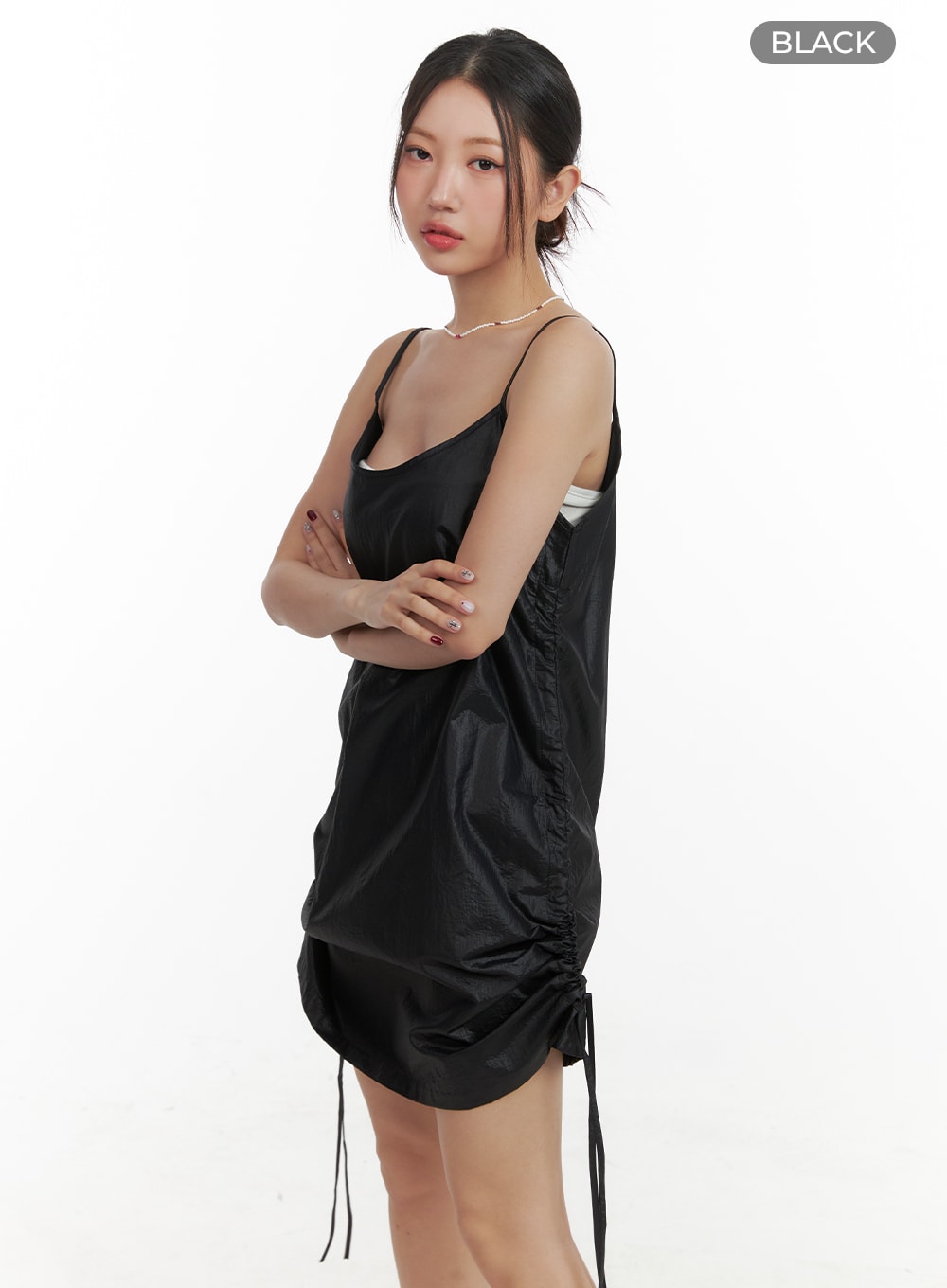 shirred-nylon-sleeveless-mini-dress-oa415 / Black
