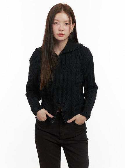 cable-knit-zip-up-cardigan-od418 / Black