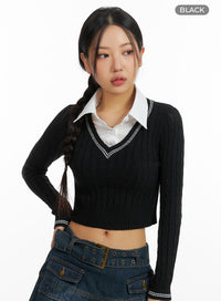 cable-knit-collar-crop-sweater-cf426 / Black