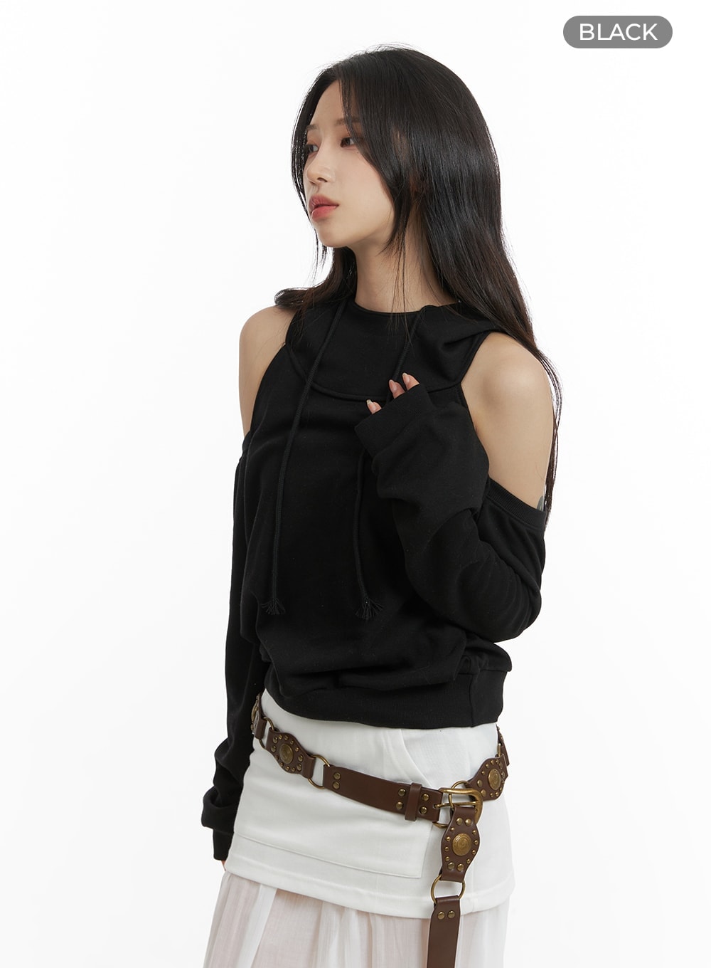 hooded-cut-out-long-sleeve-top-cm426 / Black