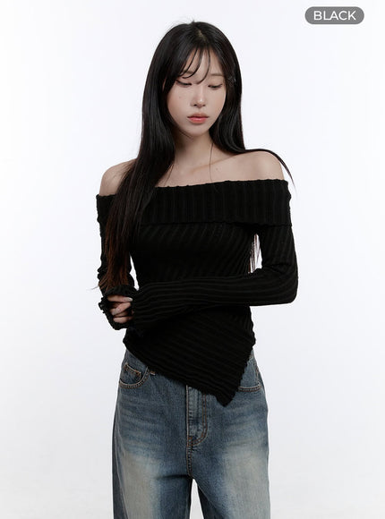 unbalanced-long-sleeve-off-shoulder-top-co418 / Black