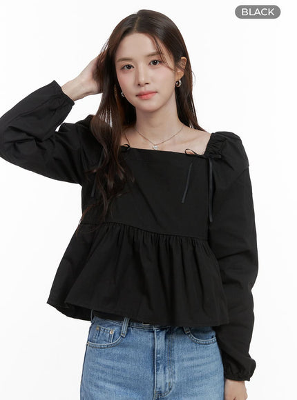 classic-square-neck-ribbon-sleeve-blouse-os416 / Black