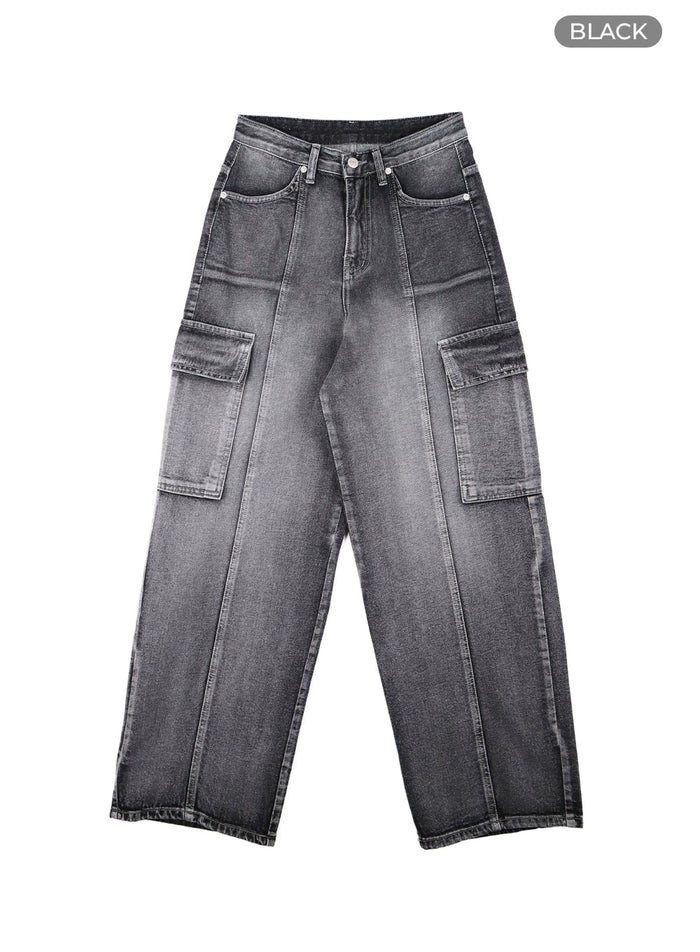 wide-leg-cargo-denim-jeans-cf427 / Black