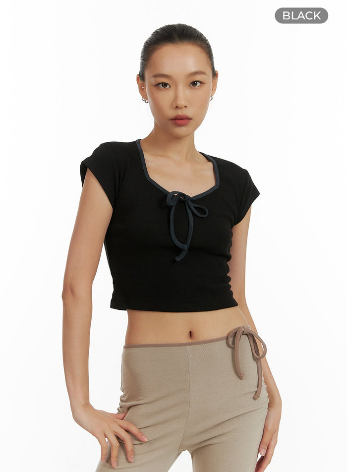 ribbon-square-neck-crop-tee-cu414 / Black