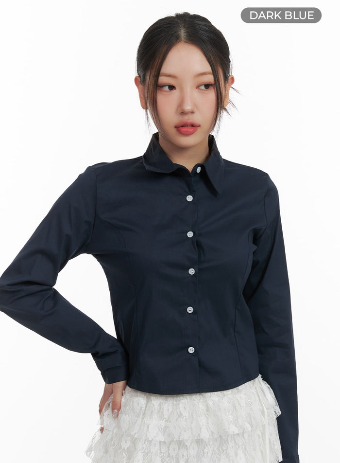 basic-cropped-cotton-buttoned-shirt-oa416 / Dark blue