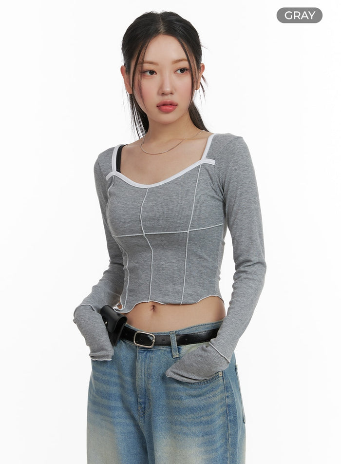 u-neck-stitched-detail-cropped-long-sleeve-ca416 / Gray