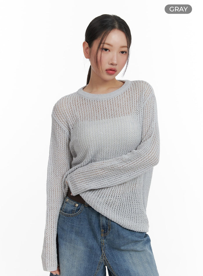 sheer-mesh-knit-top-ca415 / Gray