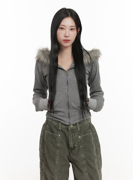 cozy-fur-hooded-crop-jacket-cd404 / Gray