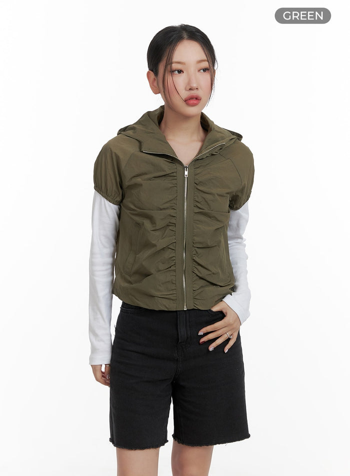 shirred-hooded-short-sleeve-nylon-jacket-ca415 / Green