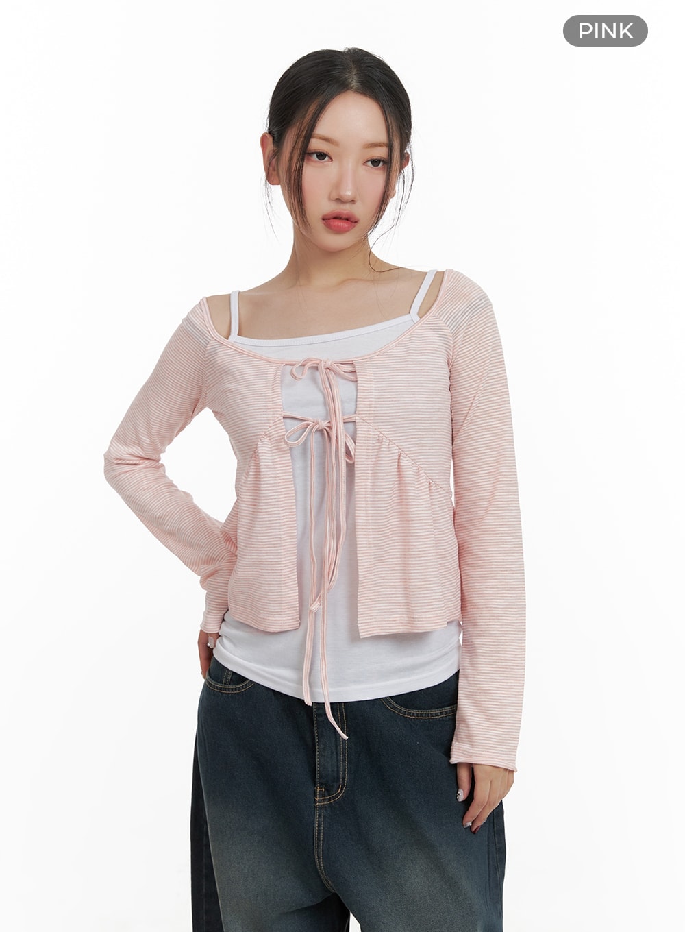 u-neck-stripe-strap-cardigan-ca415 / Pink
