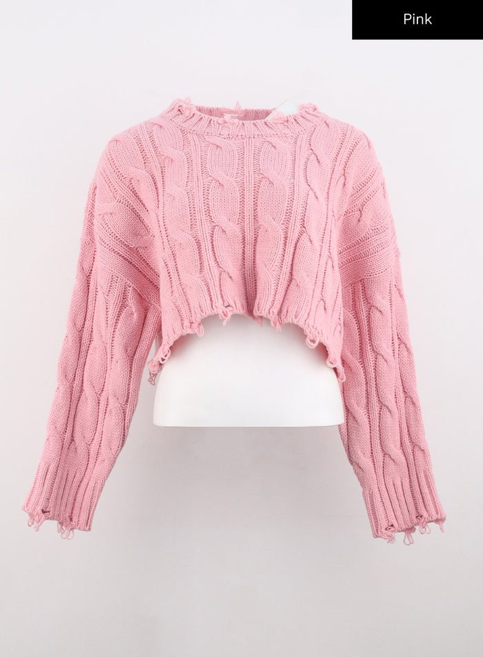 distressed-cable-knit-crop-sweater-co313 / Pink