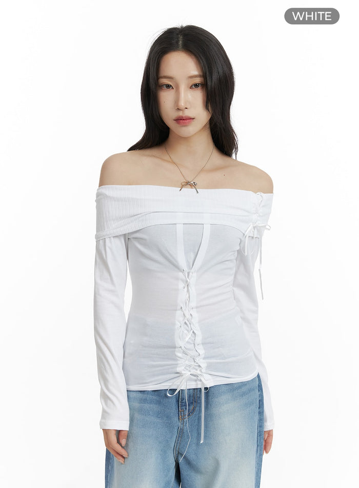off-shoulder-lace-up-long-sleeve-cm406 / White