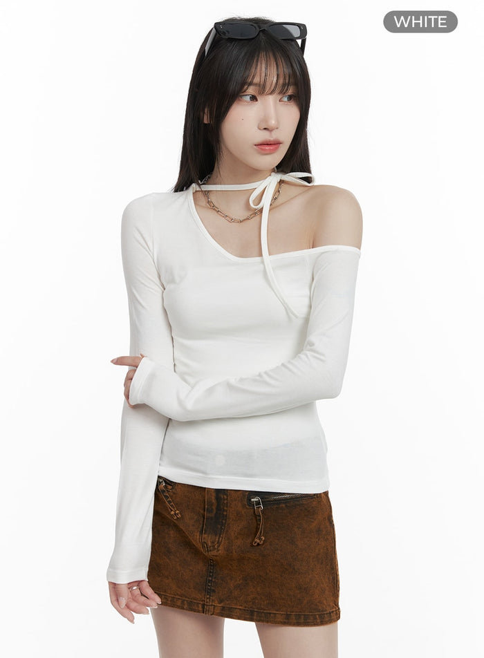 bowknot-asymmetrical-one-shoulder-long-sleeve-ca402 / White