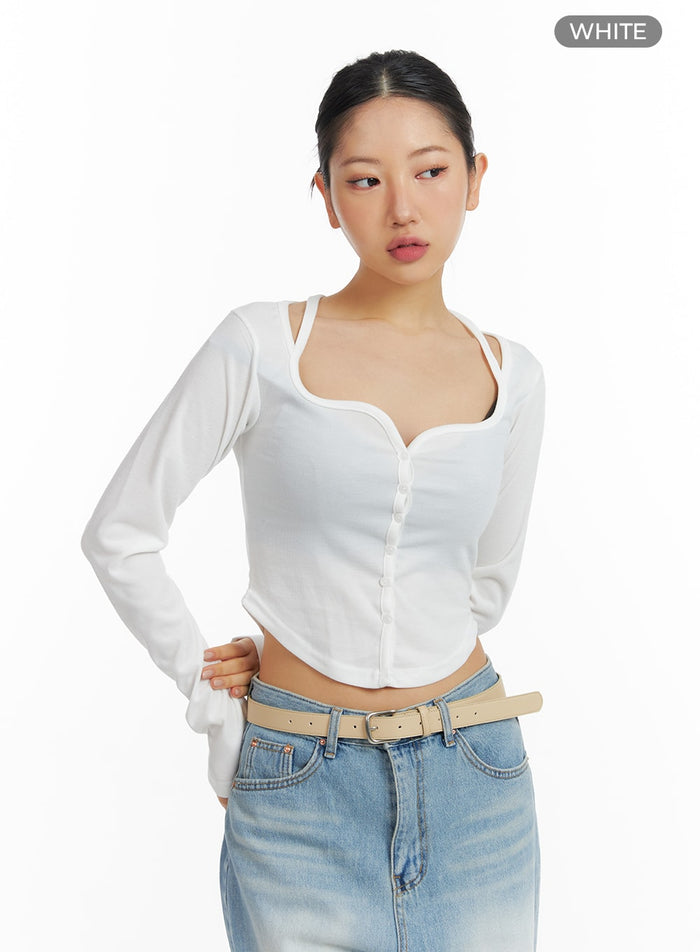 sweetheart-button-up-crop-top-cf419 / White