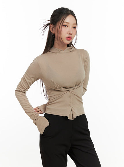 buttoned-slim-fit-hooded-top-cn426 / Beige