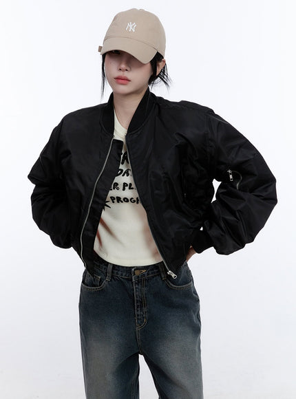 stylish-solid-zip-up-bomber-jacket-cd416 / Black