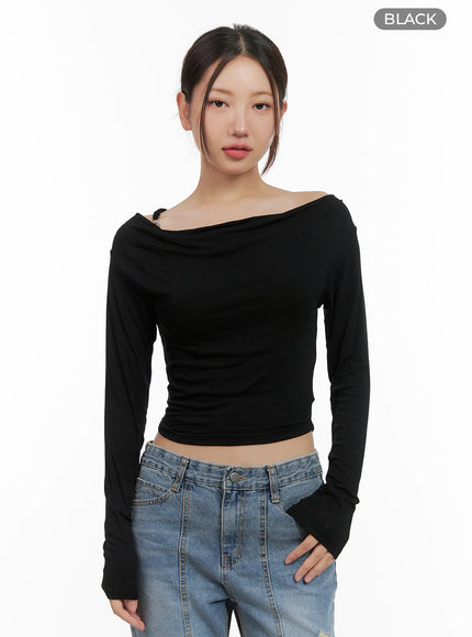 buckle-shirred-off-shoulder-long-sleeve-cg423 / Black