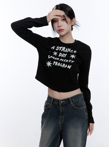 simple-lettering-long-sleeve-top-cd416 / Black