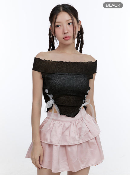 mesh-ribbon-off-shoulder-crop-top-cg414 / Black