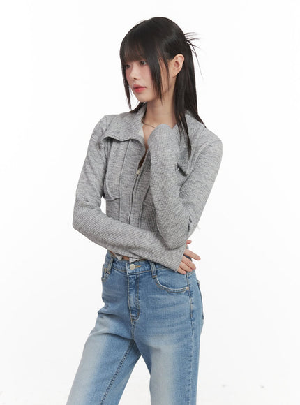 Zip-Up Collared Long-Sleeve Crop Top CJ523