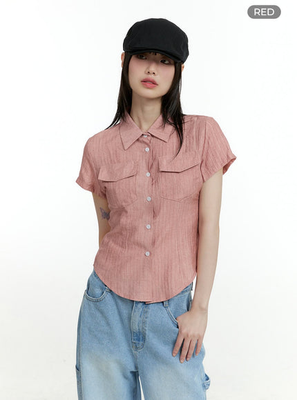 washed-buttoned-crop-shirt-cl426 / red