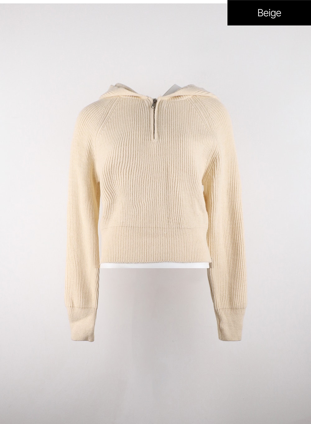 long-sleeve-solid-zipper-pocket-knit-hoodie-od320 / Beige