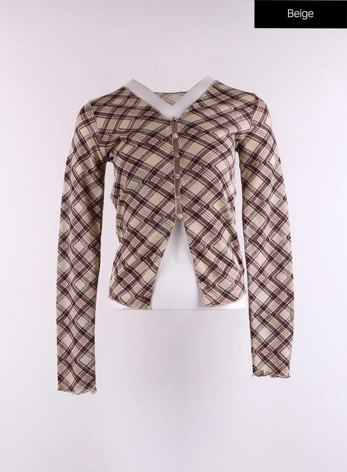 checkered-ruffle-hem-long-sleeve-blouse-cf401 / Beige