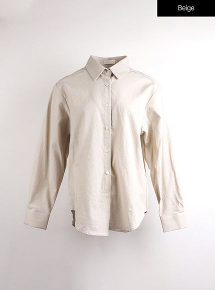 button-up-long-sleeve-solid-blouse-oj417 / Beige