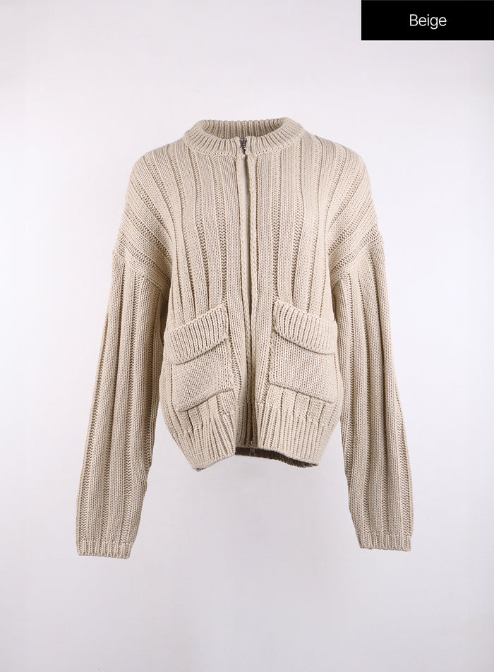 ribbed-pocket-zip-up-knit-sweater-cj422 / Beige