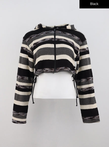 striped-shirring-hooded-crop-sweater-cd301 / Black